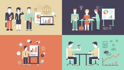 Business people lifestyle flat animated icons. Success partnership together united team processing report creative concepts. 
