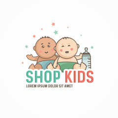 Two cute baby in a diaper. kids logo design template.
