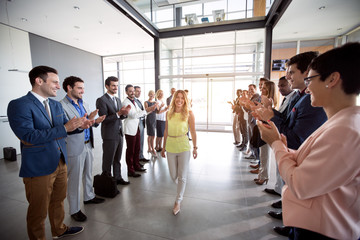 applauding to smile confident leader employer . - obrazy, fototapety, plakaty