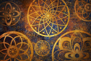 Abstract fantasy space with golden circle pattern. Art wallpaper with dark gold and blue color.