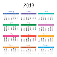 Calendar grid for 2019 in English