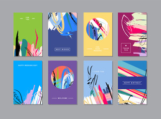 Set of creative universal floral cards in trendy style with Hand Drawn textures.