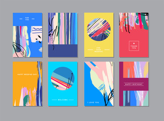 Set of creative universal floral cards in trendy style with Hand Drawn textures.