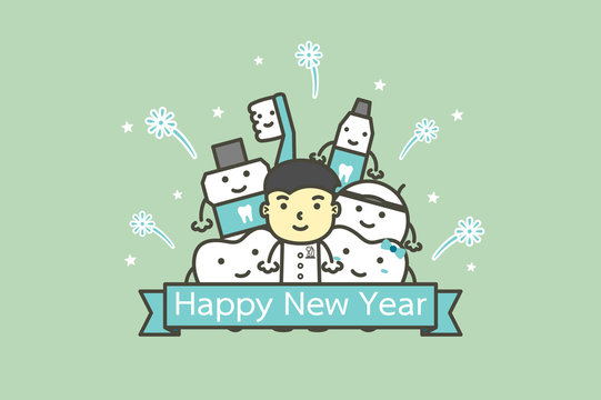 happy tooth and friends with male dentist with text for Happy New Year - teeth cartoon vector