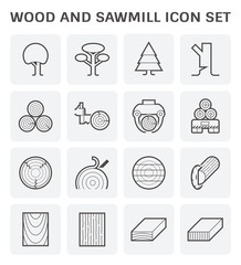 Wood, sawmill industry vector icon i.e. process of cutting, lifting, transport, debarking and square sawing. Include tree, timber and wood product i.e. plank, board, lumber and girder for woodworking.