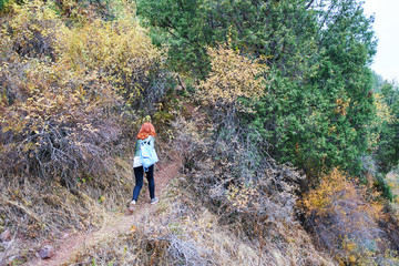 Obraz premium Female hiker walking in mountains forest.
