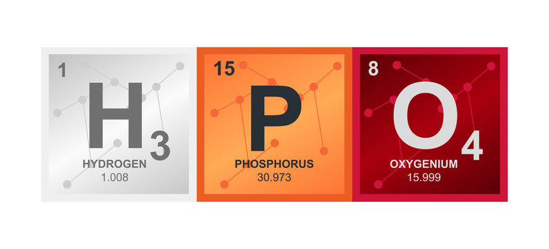 Vector symbol of Phosphoric acid H3PO4 compound consisting from hydrogen, phosphorus and oxygen atoms and molecules on the background from connected molecules
