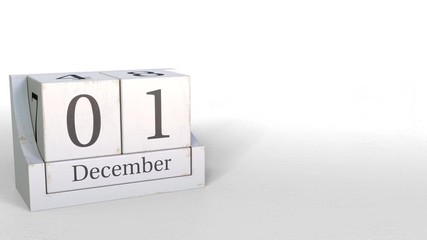 December 1 date on wooden blocks calendar. 3D animation