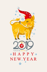 Cute greeting card with a pretty pig boar in a red cap. Happy New Year 2019. Christmas decor blue snowflakes. Vector New Year's design.