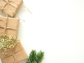 Christmas Gifts with Fir Branches on White Background, Winter Holidays Concept