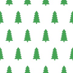 Vector xmas snowy green fir forest seamless pattern. Merry Christmas and happy new year greeting card backdrop design. Retro hand drawn flat art on white background