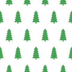 Vector xmas snowy green fir forest seamless pattern. Merry Christmas and happy new year greeting card backdrop design. Retro hand drawn flat art on white background
