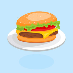 Concept of fast food. Hamburger with beef, tomato and cheese on plate. Vector illustration in cartoon style.