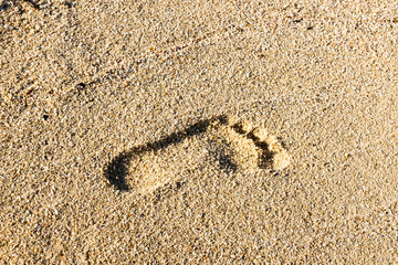 Human footprints on sand background. Close up of the footprint in the sand footprint in the beach Footprints in the sand at sunset