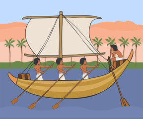 ancient egyptian boat at Nile with pyramids background