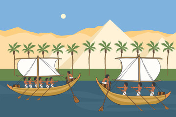 Nile river of Ancient Egypt with sailboats vector cartoon