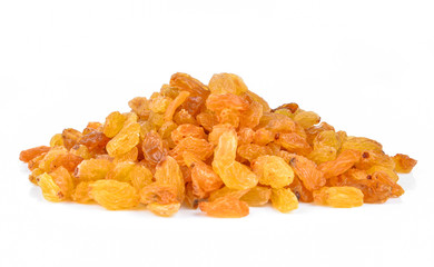 Dried raisins isolated on white background.