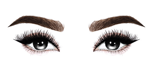 Woman eyes with long eyelashes. Hand drawn watercolor illustration. Eyelashes and eyebrows. Design for eyelash extensions, microblading, mascara, beauty salon, cosmetics, makeup artist. Black eyes.