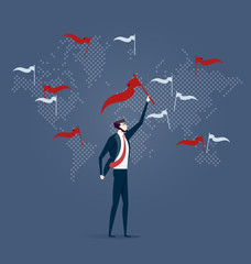 Businessman with flag point marks on world map. Business concept vector