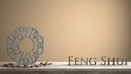 Wooden vintage table shelf with ba gua and 3d letters making the word feng shui with orange brown background with copy space, zen concept interior design