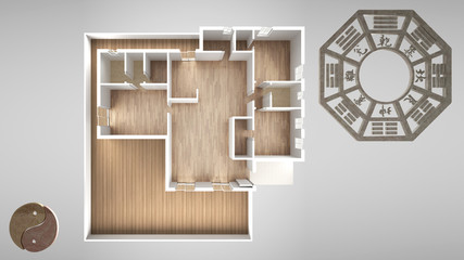Interior design project with feng shui consultancy, home apartment flat plan, top view with bagua and tao symbol, yin and yang polarity, monogram concept background