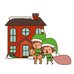 couple of elves with house isolated icon