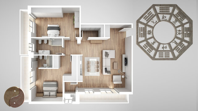 Interior design project with feng shui consultancy, home apartment flat plan, top view with bagua and tao symbol, yin and yang polarity, monogram concept background