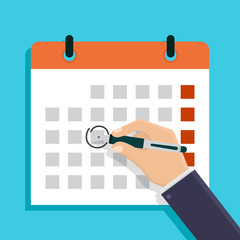 Deadline, businessman holds a pen and draws a circle on calendar, illustration flat design style