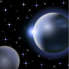Abstract universe with planets and bright stars. Effects of halo light on a dark background, flashes of light. Vector space illustration.