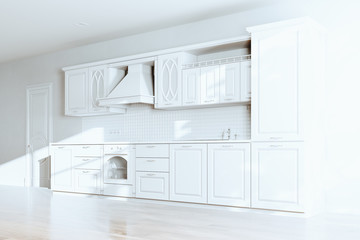 Beautiful Classic Kitchen in new Luxury Home with  Hardwood Floors, White Walls and Vintage Appliances 3d render