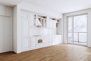Beautiful White Classic Kitchen in new Luxury Home with  Hardwood Floors, and Vintage Appliances 3d render