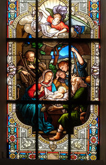 Nativity Scene, stained glass window in the Saint Nicholas Evangelical church, Aalen, Germany