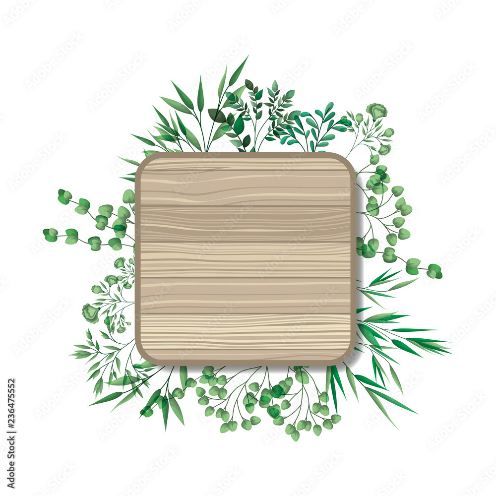 Sticker square of wooden with branches and leafs