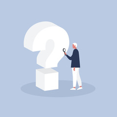 Question 3D sign. Young male character looking through the magnifying glass / flat editable vector illustration, clip art