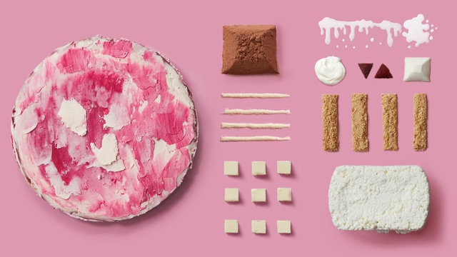handmade cake, baking ingredients on pink background