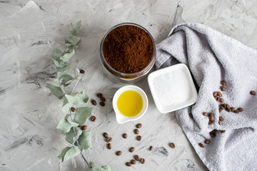 Natural Ingredients for Homemade Body Chocolate Coffee Sugar Salt Scrub Oil Beauty SPA Concept Body Care