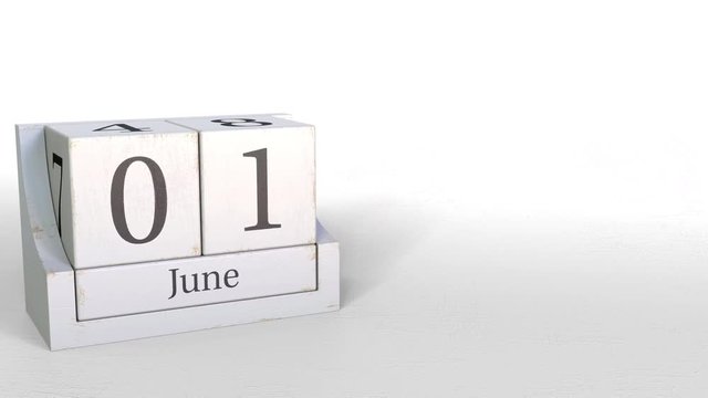 Cube calendar shows June 1 date. 3D animation