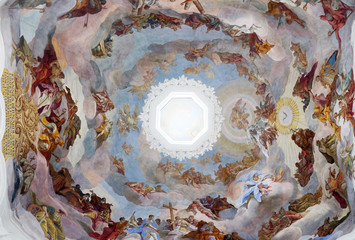 Adoration of the Holy Trinity by saints and angels ceiling fresco in Neumunster Collegiate Church...