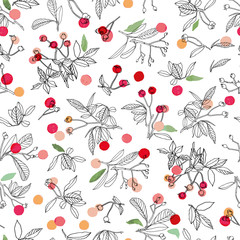 White vector repeat pattern with black line art rose plant and buds. Christmas. Surface pattern design.
