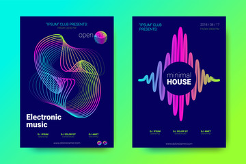 Music Flyers Set with Wave Lines and Distortion.