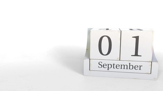 Cube calendar shows September 1 date. 3D animation