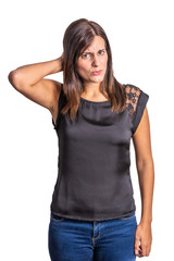 Obraz premium worried and surprise young woman isolated on a white background
