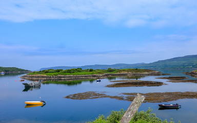 landscape shot of harbour at  isle of ulva off isle of mull in scotland