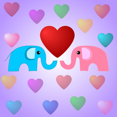 Cute Elephants and Hearts. Valentines Day Illustration. Elephants in Love. Vector Illustration for Your Design.