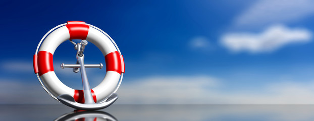 Help, safety on sea concept. Lifebuoy and navy anchor on blue sky background, banner. 3d illustration © Rawf8