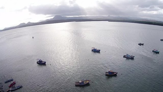 Aerial scene of the Caieiras Islands, Vit&oacute;ria - ES. Natural and urban landscape. View of the boats and the mangrove in the background.