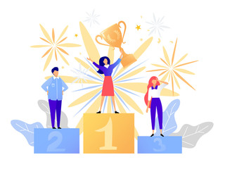First place winner award. Champion standing on a podium with a prize. Woman victory concept. Success vector illustration