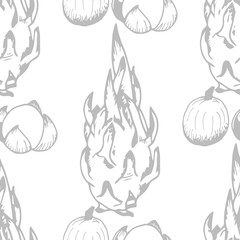 longan, pitahaya tropical fruits seamless pattern