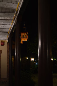 Beautiful Night Shot Of The Cathedral's Bell Tower In Astorga. Architecture, History, Camino de Santiago, Travel, Night Photography. November 3, 2018. Astorga, Leon, Castilla-Leon, Spain.
