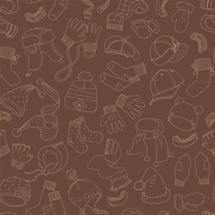 Cap, gloves, scarf, socks. Winter accessories, seamless pattern. Hand drawn vector illustration.
